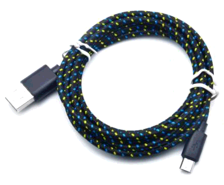 A dark blue Micro USB to USB-A Braided Sync & Charge Cable coiled neatly, with black connectors on each end and a pattern of yellow and green threads.