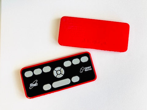 The red Orbit Writer Premium TPU Snap-on Case, fitted around an Orbit Writer device, its controls perfectly exposed.