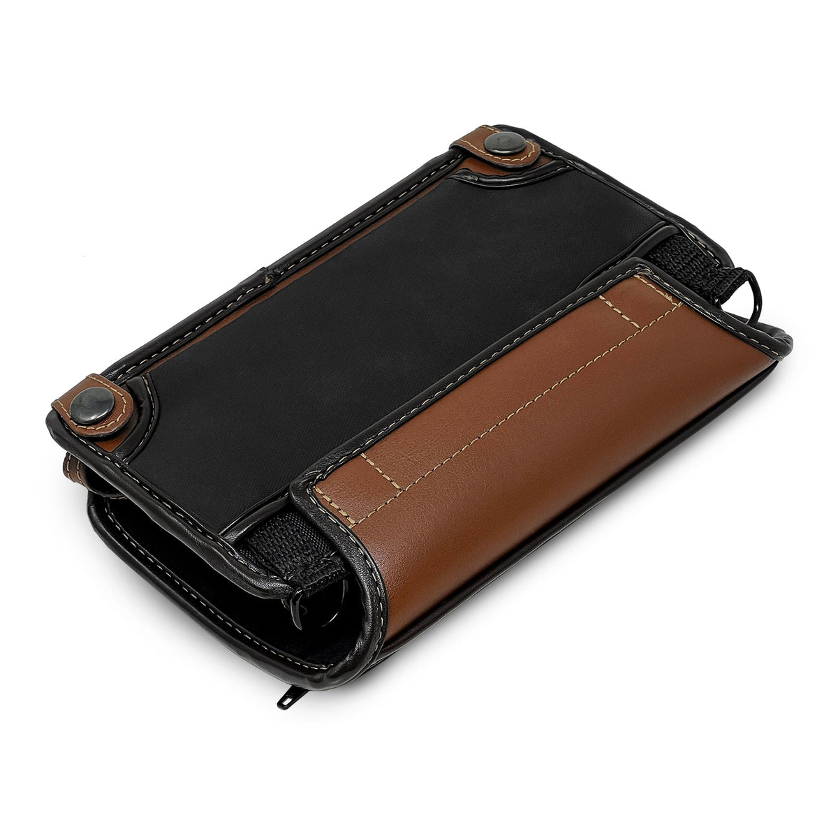 Opposite angled back view of the Brailliant BI 20X case with its brown leather carrying grip, black backing and metal strap ring.