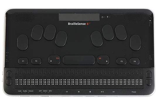 A BrailleSense 6 in the black Turtleback fitted leather case. The front flap on the case, currently open, reveals the 8-dot braille keyboard, and the other navigation and function buttons.