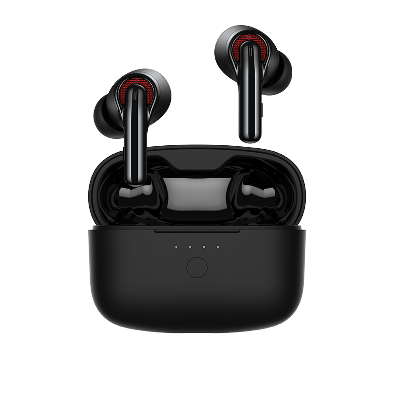 The Tribit FlyBuds C1 True Wireless earbuds, sitting upright inside their open charging case. The charging case is rectangular in shape, with rounded corners.
