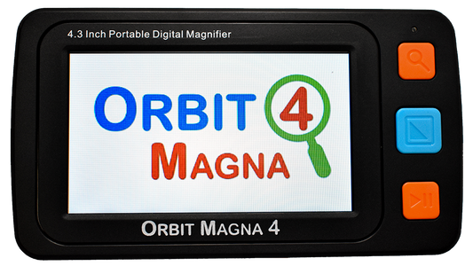 Front view of the Orbit Magna 4 digital magnifier, with a screen displaying the logo, and three large tactile control buttons—two orange and one blue—on the right side of the device.