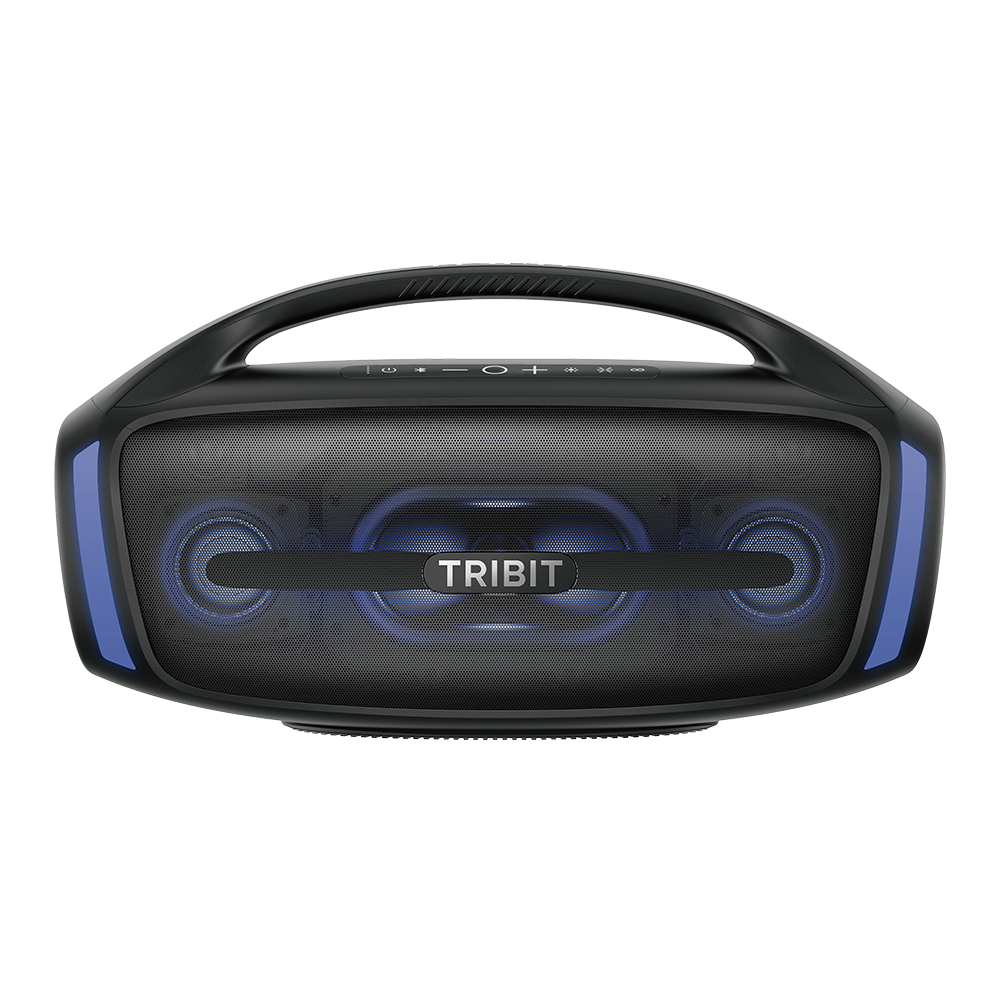 "Tribit StormBox Blast 2 Bluetooth Speaker featuring a rectangular design with a built-in handle on top for portability. The front grille displays illuminated blue LED lights highlighting the dual woofers and tweeters. Control buttons, including power, Bluetooth, volume, and playback, are positioned along the top. The Tribit logo is prominently displayed on a horizontal bar across the grille, complemented by sleek lighting effects on the sides for a modern, party-ready appearance."