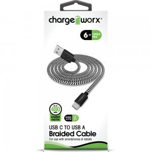 Retail package for a ChargeWorx 6ft USB-C to USB-A braided cable. The coiled black-and-white cable is shown with both connectors visible.