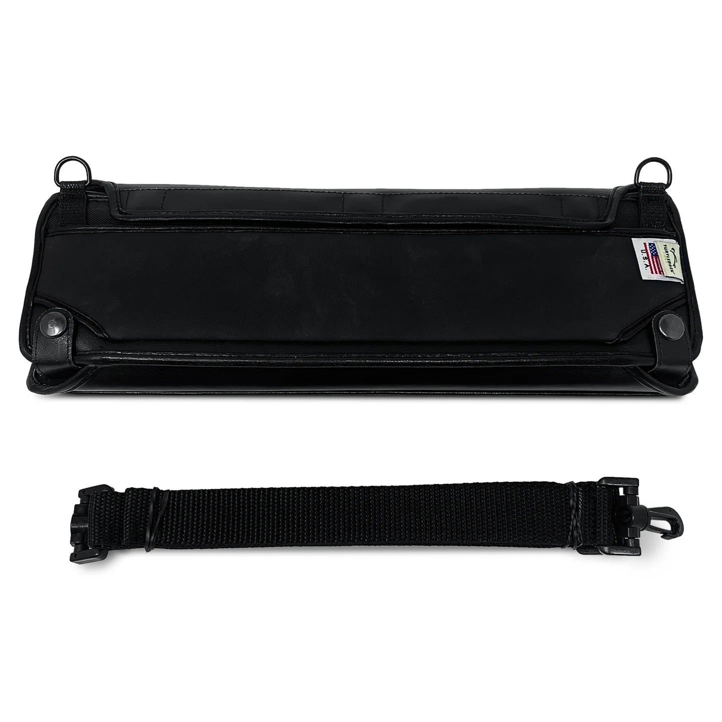 Black leather case with a detachable black strap below it.