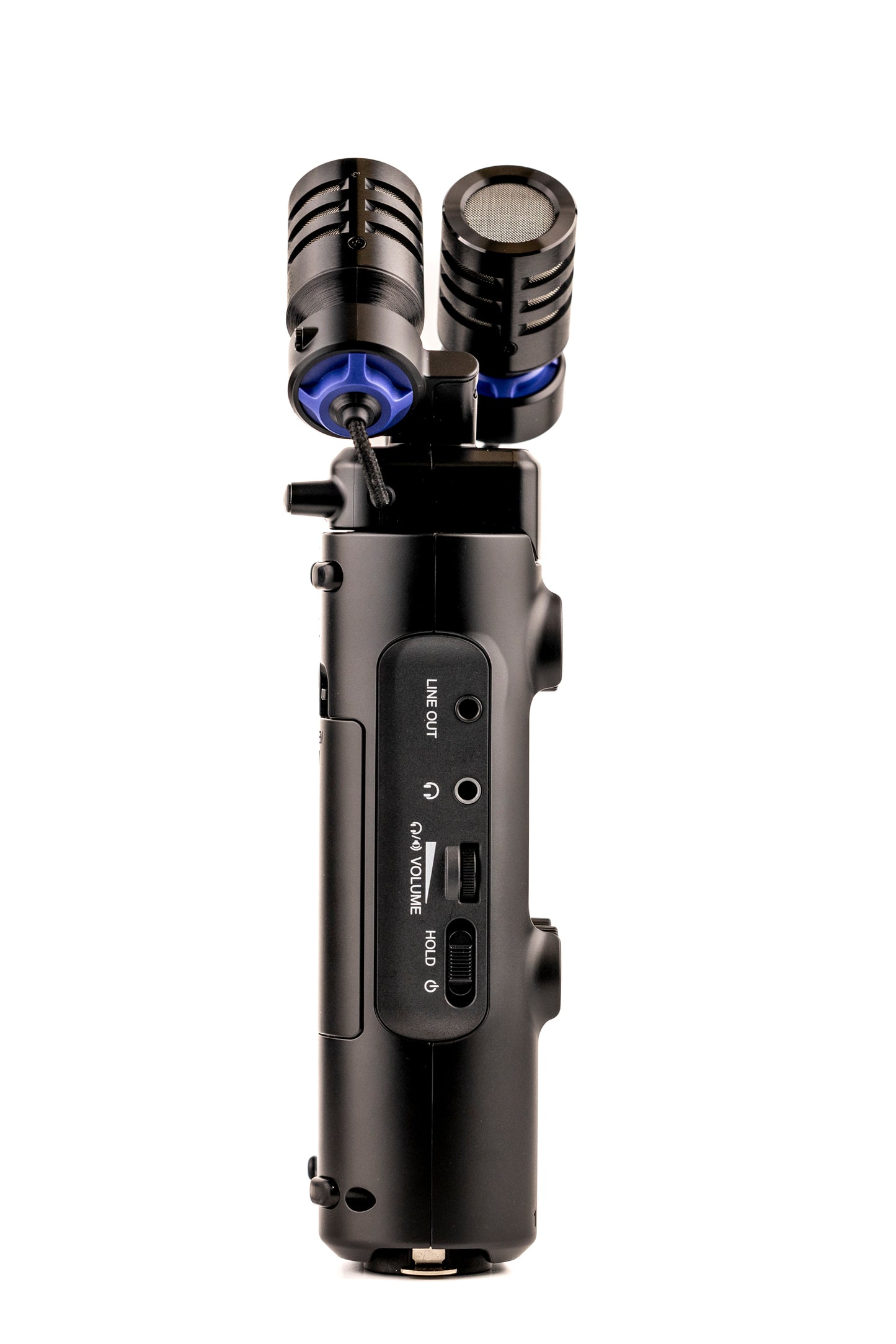 Side view of the Zoom H5studio handheld audio recorder showing its output and monitoring controls.
