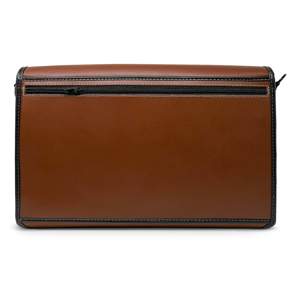 Closed saddle-brown Mantis Q40 protective cover showing the long horizontal zipper pocket, stitched leather and black edge trim.