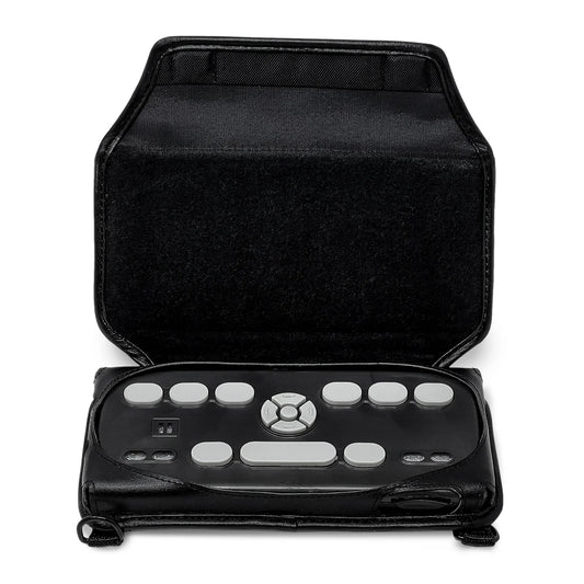 Front view of the BrailleSense 6 Notetaker in a black protective case with the top flap open. The notetaker's Braille keyboard, control buttons, and ports are clearly visible.