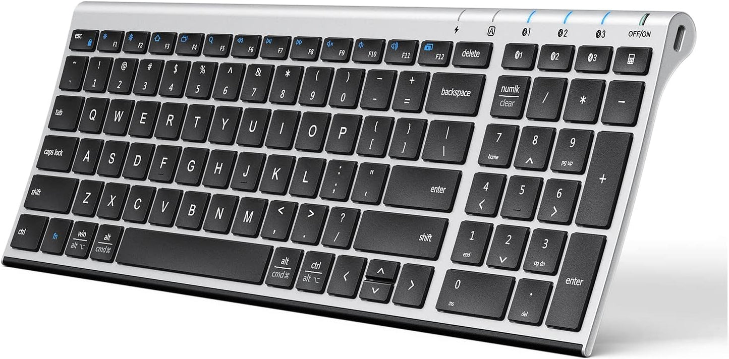 Angled view of the iClever Bluetooth 5.1 Multi-Device Keyboard, with black keys and a slim, silver frame.