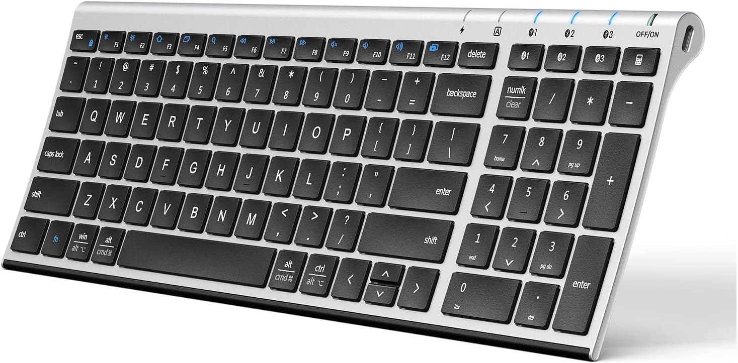 Angled view of the iClever Bluetooth 5.1 Multi-Device Keyboard, with black keys and a slim, silver frame.