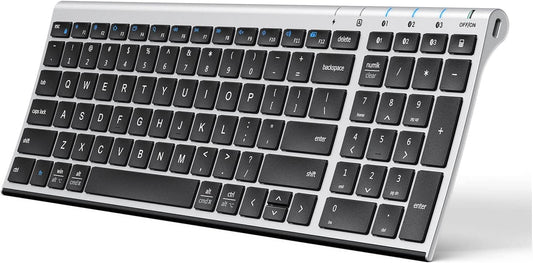Angled view of the iClever Bluetooth 5.1 Multi-Device Keyboard, with black keys and a slim, silver frame.