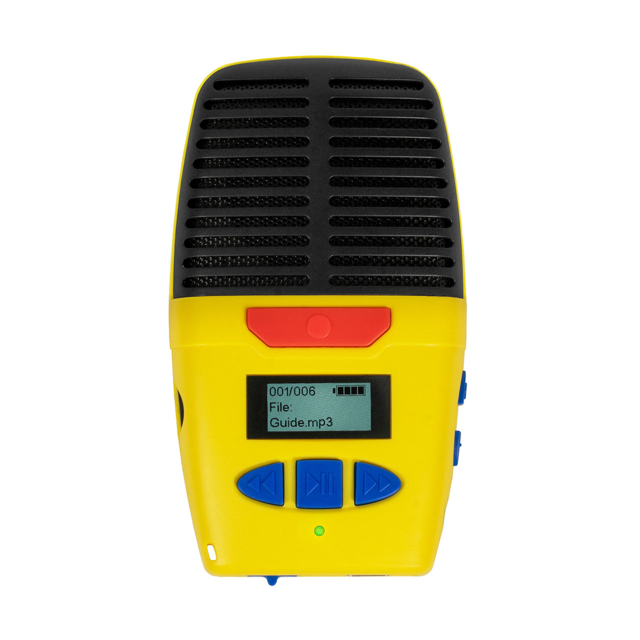 Front view of the bright yellow MicroSpeak Plus digital voice recorder and its grille, controls, and display screen.