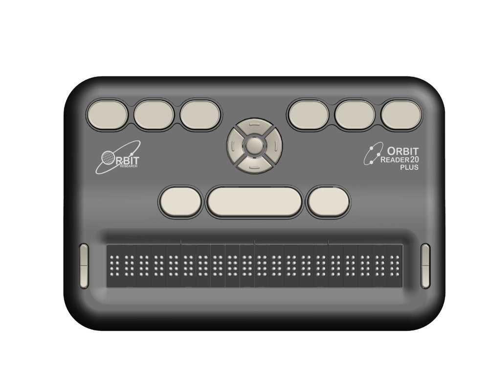 The sleek, rectangular braille display. The 20 cells of braille are positioned in the middle of the device, surrounded by various controls, buttons, and keys.