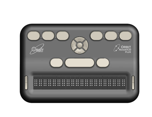 The sleek, rectangular braille display. The 20 cells of braille are positioned in the middle of the device, surrounded by various controls, buttons, and keys.
