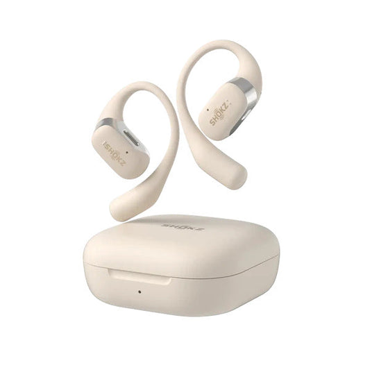 Beige Shokz OpenFit wireless earbuds floating above their matching charging case.