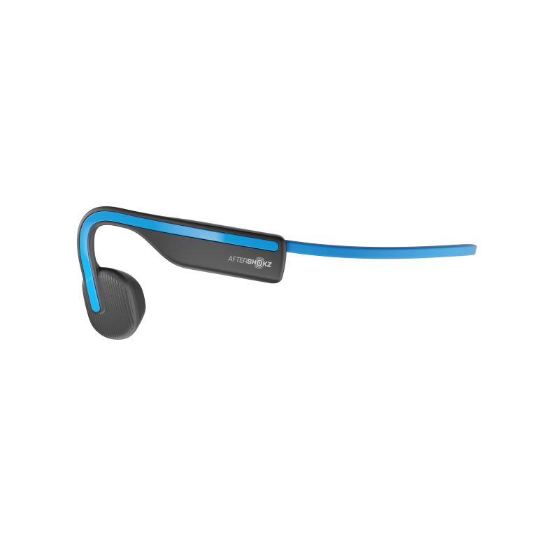 The Shokz OpenMove headphones. The headband extends behind the head, and the part that rests near the cheekbone is slightly curved.