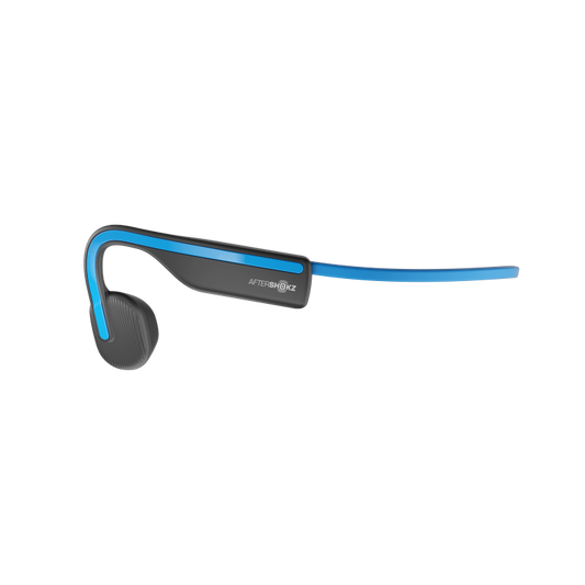 The Shokz OpenMove headphones. The headband extends behind the head, and the part that rests near the cheekbone is slightly curved.