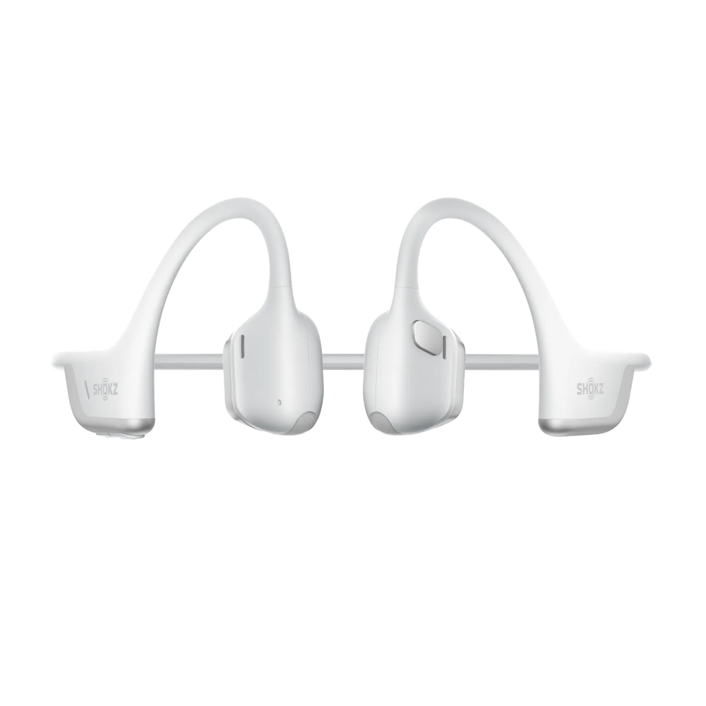 Side view of Shokz OpenRun Pro 2 Bone Conduction Headphones in Silver on a transparent background.