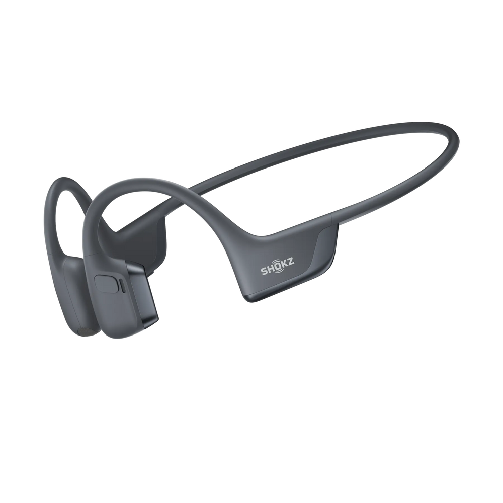 Shokz OpenRun Pro 2 Bone Conduction Headphones in black, shown at an angle on a transparent background.
