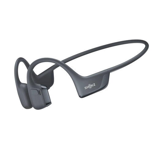 Shokz OpenRun Pro 2 Bone Conduction Headphones in black, shown at an angle on a transparent background.