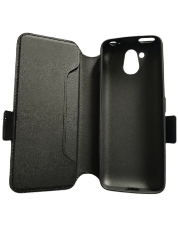Front view of the black flip case fully opened
