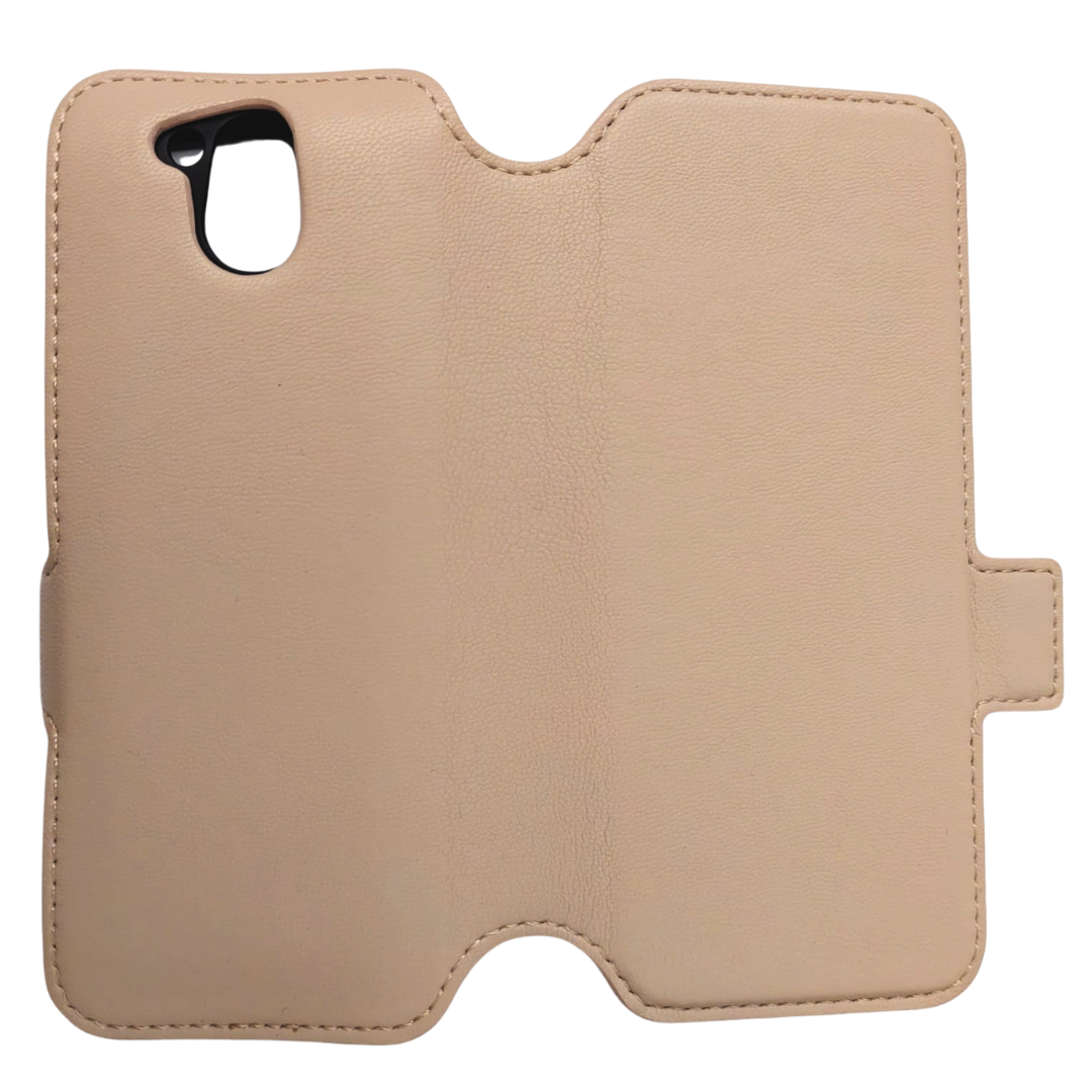 Front view of the golden sand flip case, fully opened.