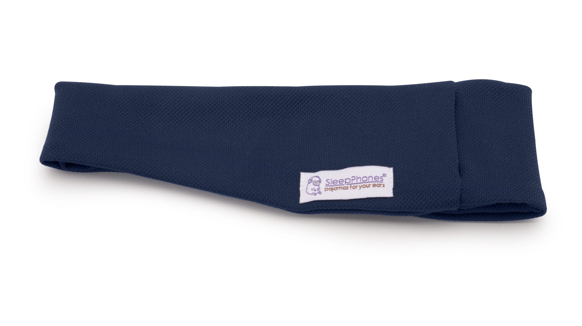The Navy Blue SleepPhones. A white label is sewn onto the flat, wide headband with the SleepPhones logo and text.