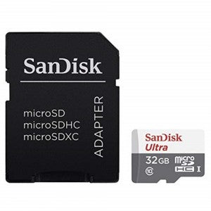 SanDisk 32GB Ultra microSDHC memory card with full-size black adapter labeled for microSD, microSDHC, and microSDXC compatibility.