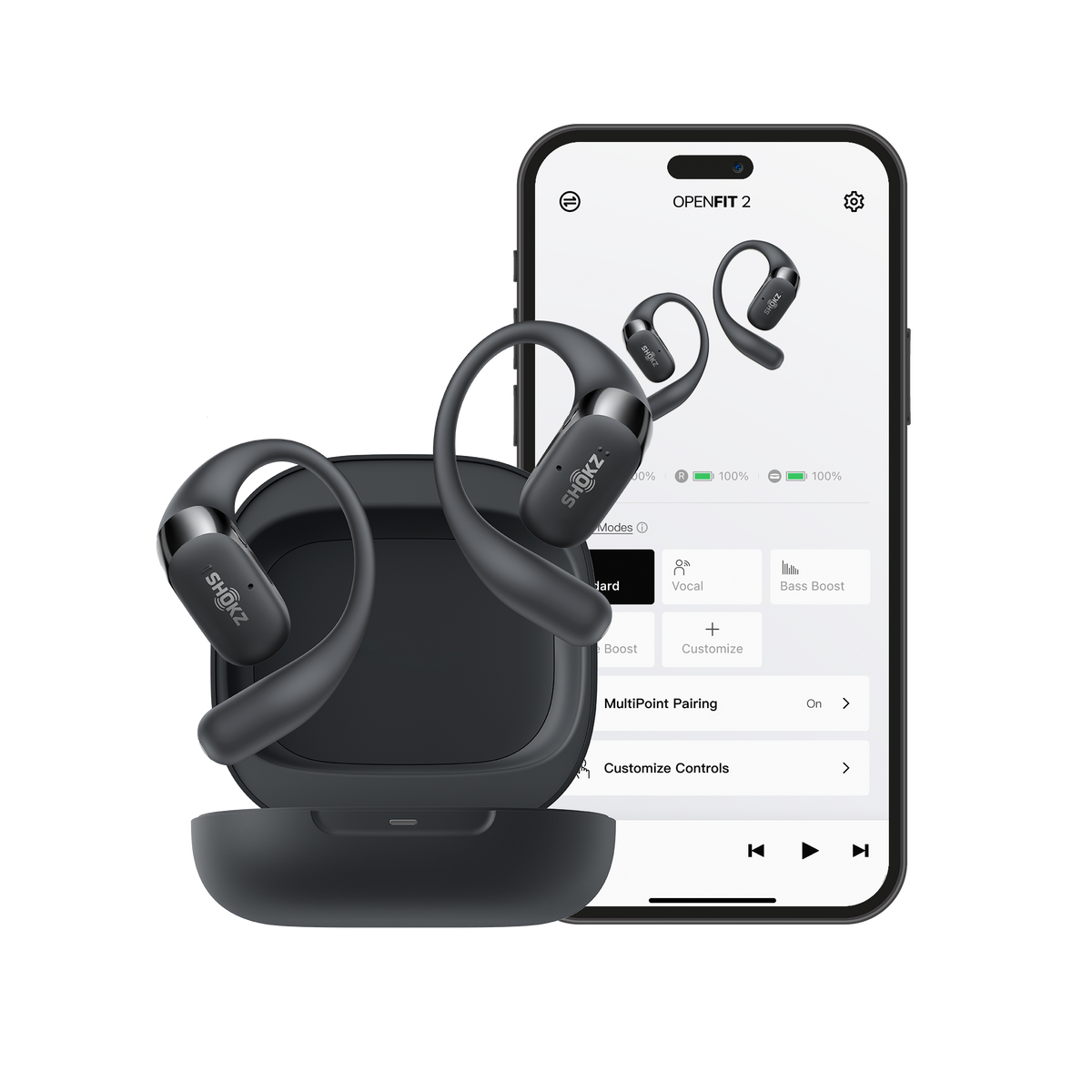 Black Shokz OpenFit 2s and their charging case, with a smartphone displaying the Shokz app