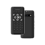 Front and back view of the Selvas SensePlayer OCR inside a black fitted leather case with cutouts for all buttons, ports, and camera.