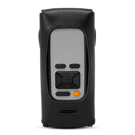 Close-up photo of a HumanWare Stellar Trek handheld device inside the Turtleback  fitted black leather case.  The leather case wraps snugly around the device, leaving all of the device's controls exposed. The top and bottom of the case are rounded, with carrying straps attached.