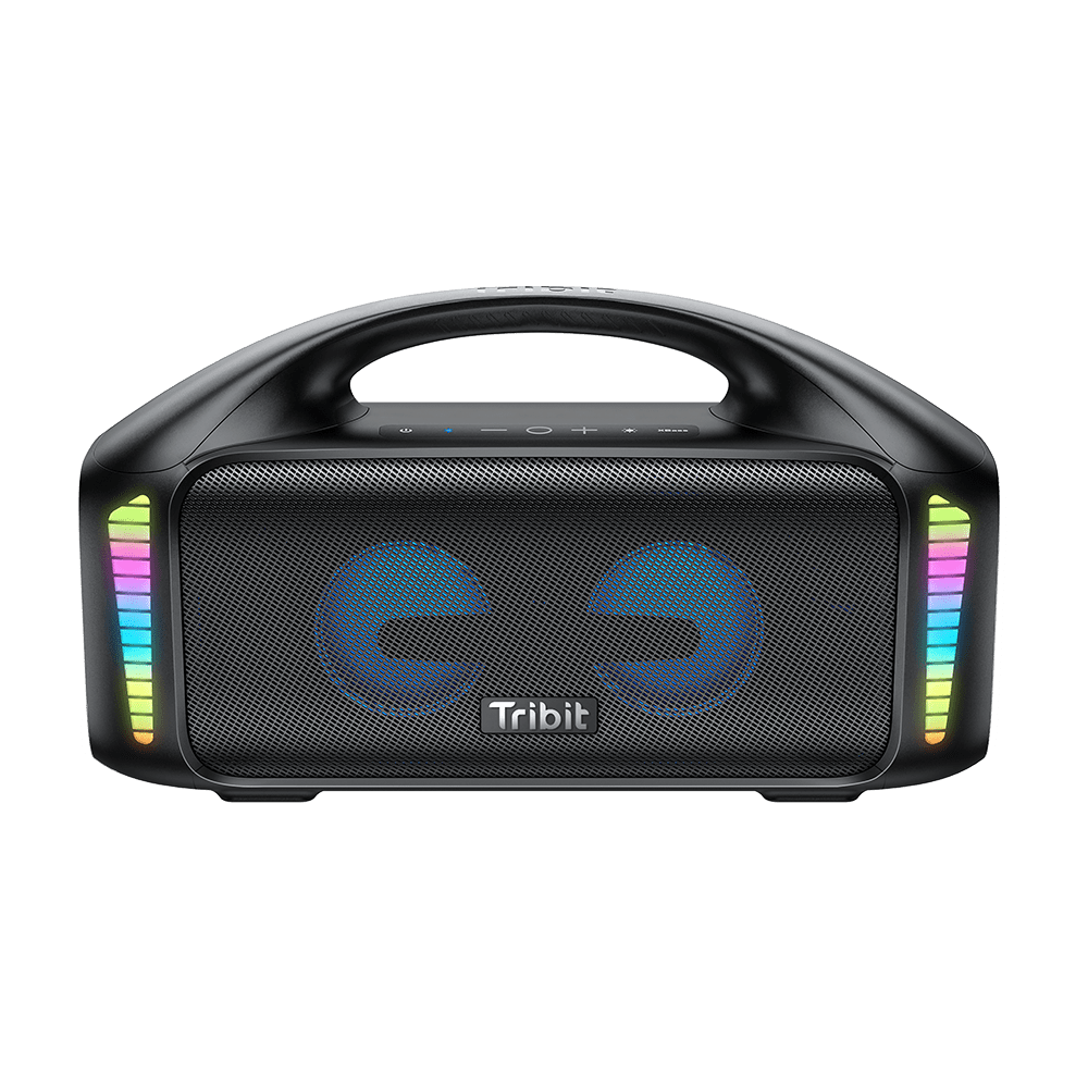 View of the Tribit StormBox Blast, its lights flashing as it plays music.