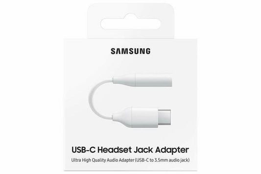 Retail packaging for the Samsung USB-C Headset Jack Adapter, showing a white USB-C to 3.5mm audio adapter with both ends visible on the front of the box.