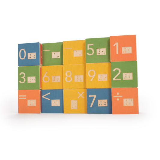 A set of colorful Uncle Goose Braille Math Blocks, each showing a printed number or symbol alongside its corresponding braille character.