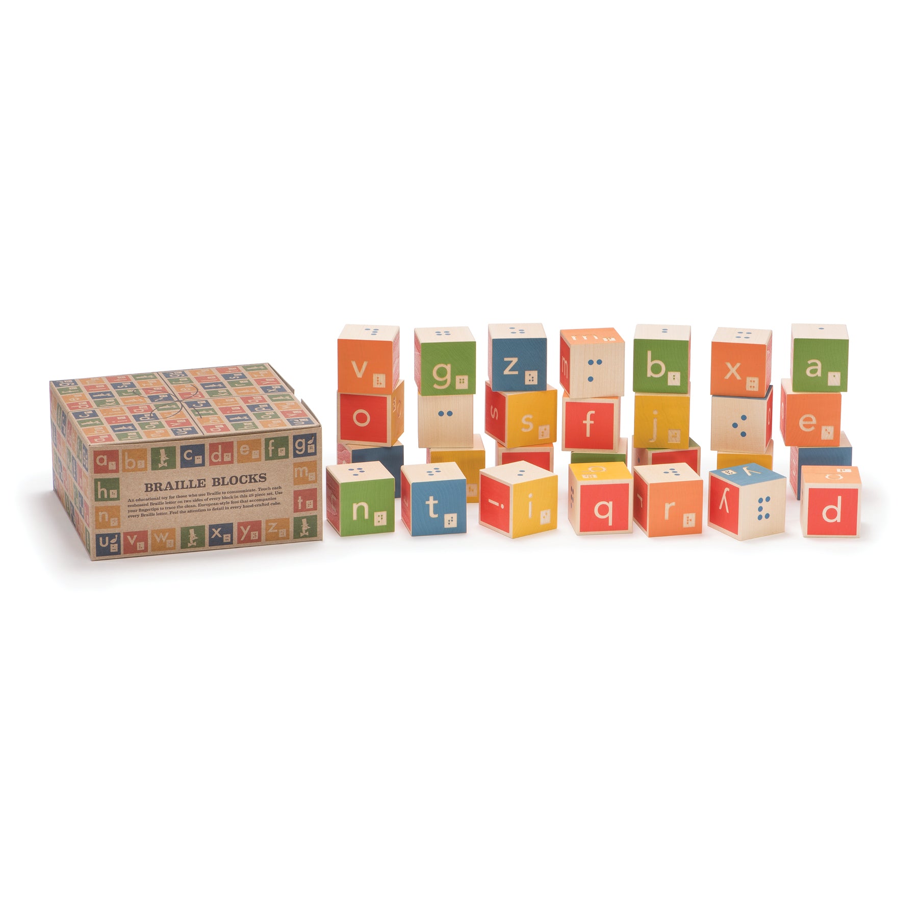 Uncle Goose braille alphabet blocks arranged in a row beside the product’s colorful retail box.