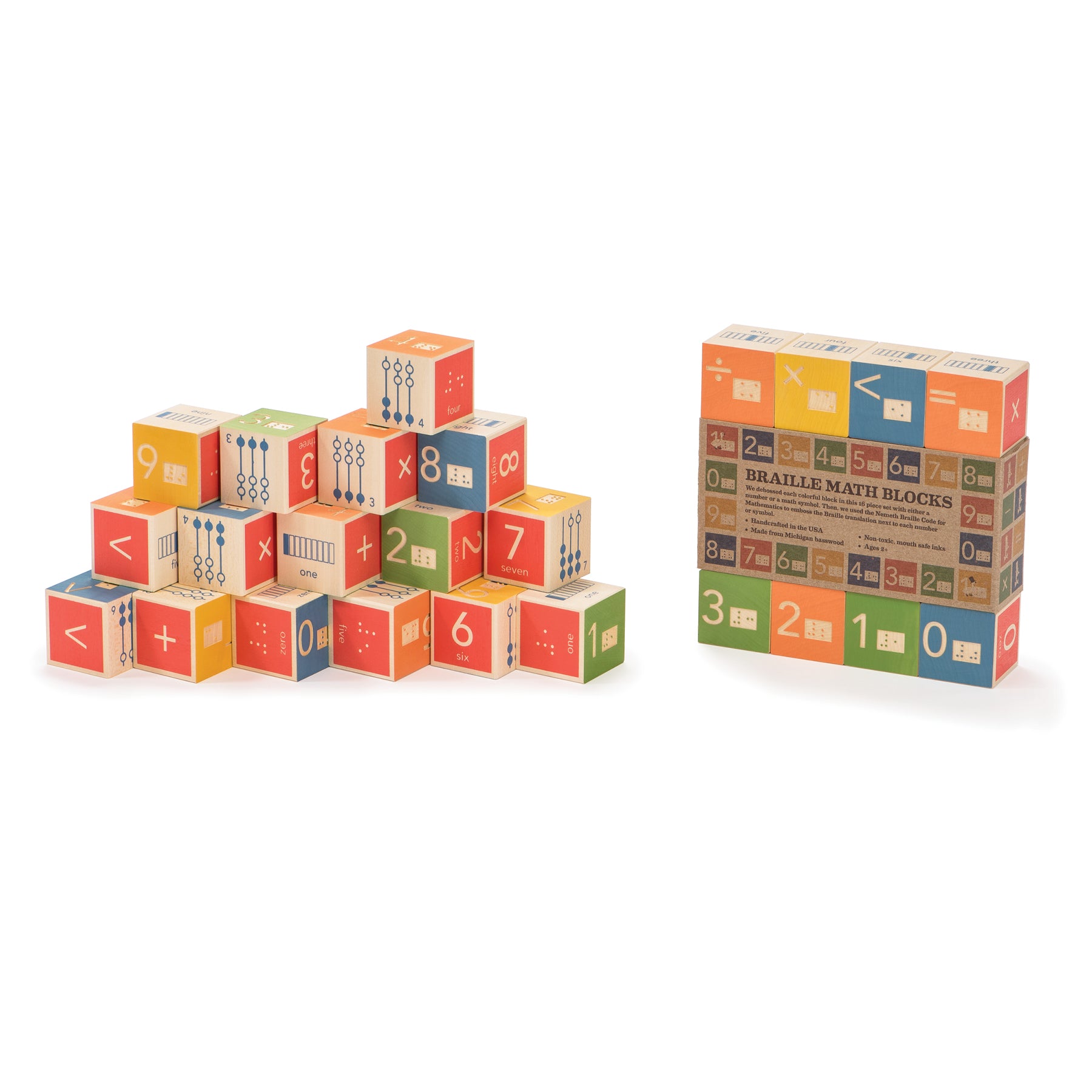 Uncle Goose braille math blocks shown stacked and spread out next to the product’s colorful retail packaging. Each wooden block displays a number or symbol in both print and braille.