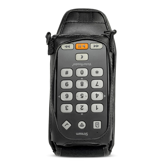 The HumanWare Victor Reader Stream black fitted leather case with carrying straps, holding a Victor Reader Stream device. The case features a fitted design that wraps around the device while leaving the button interface exposed.