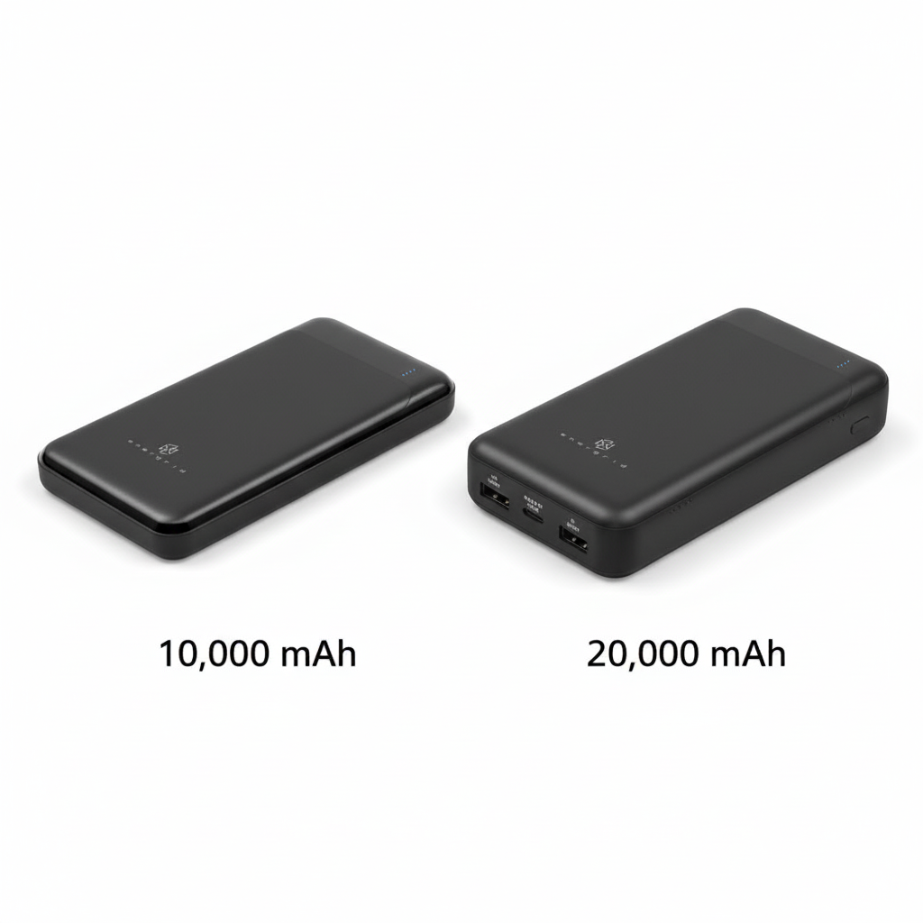 2 power banks pictured side-by-side, the smaller labeled 10,000 mAh and the larger 20,000 mAh.