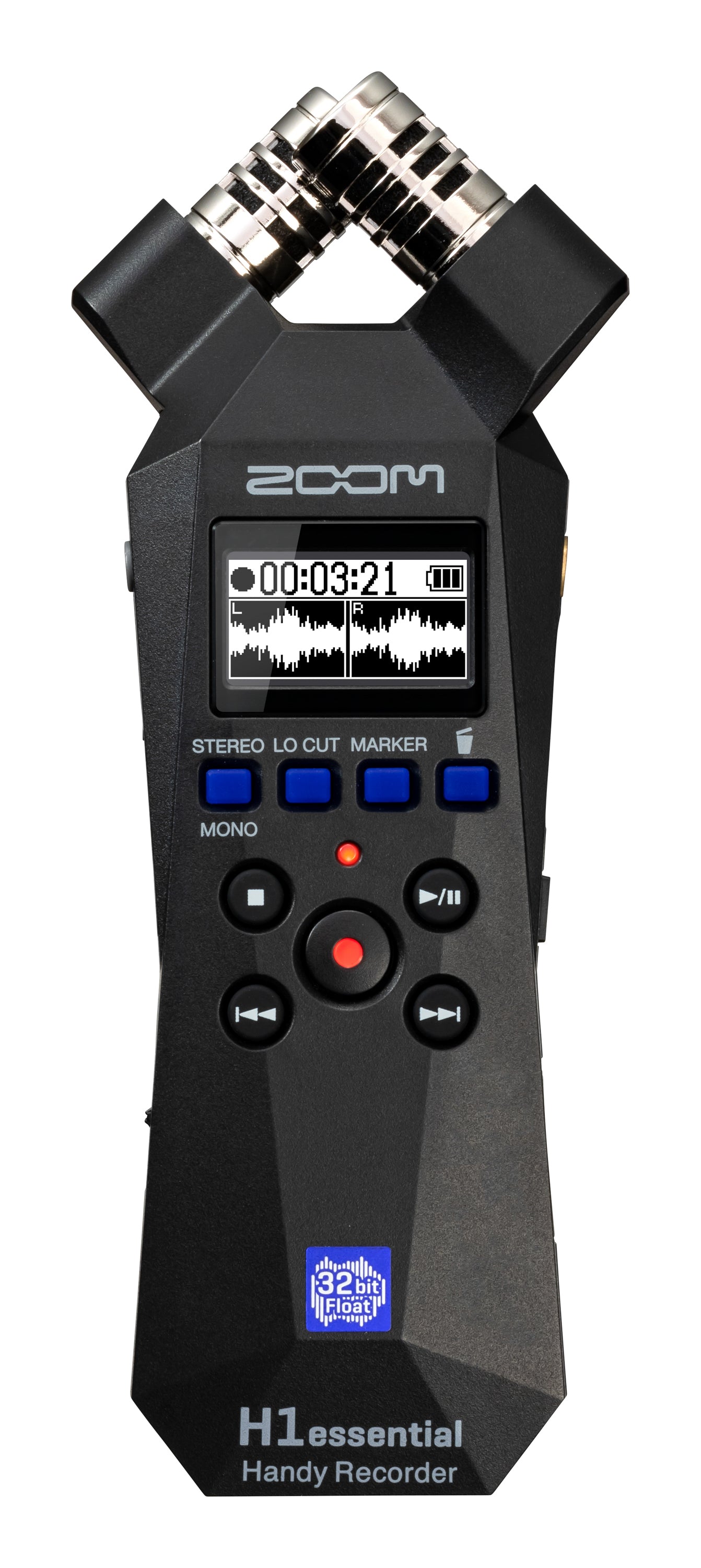 The Zoom H1essential, its screen  displaying a waveform and a timer at 00:03:21.