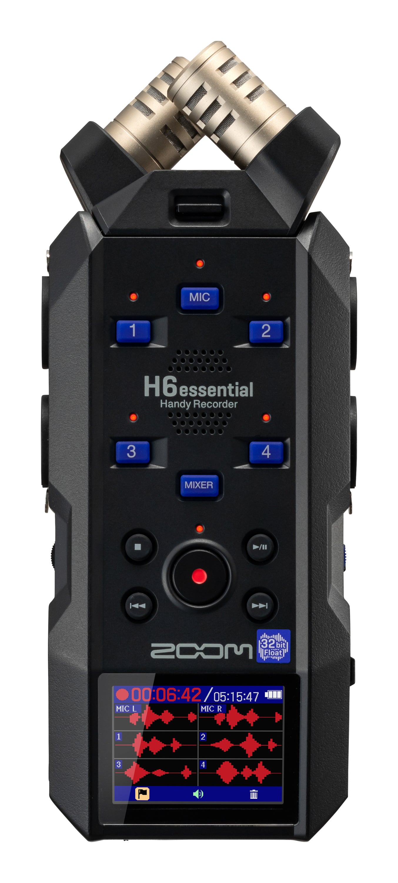 The Zoom H6essential recorder, its screen displaying an audio waveform and recording information.