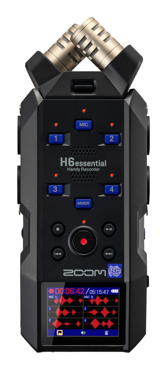 The Zoom H6essential recorder, its screen displaying an audio waveform and recording information.