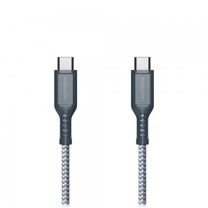 A braided, grey USB-C cable