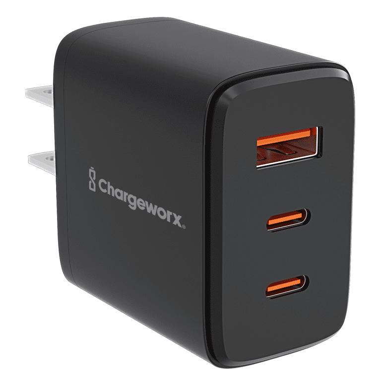 Black USB-C and USB-A wall charger block shown by itself, unplugged, with prongs visible and no packaging