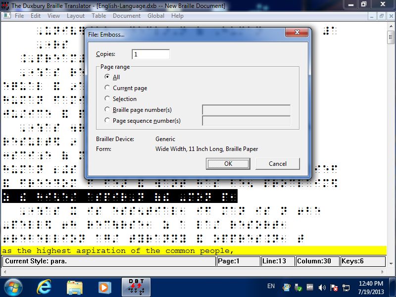 Screenshot of Duxbury Braille Translator software with emboss dialog box open, showing Braille text in the background.