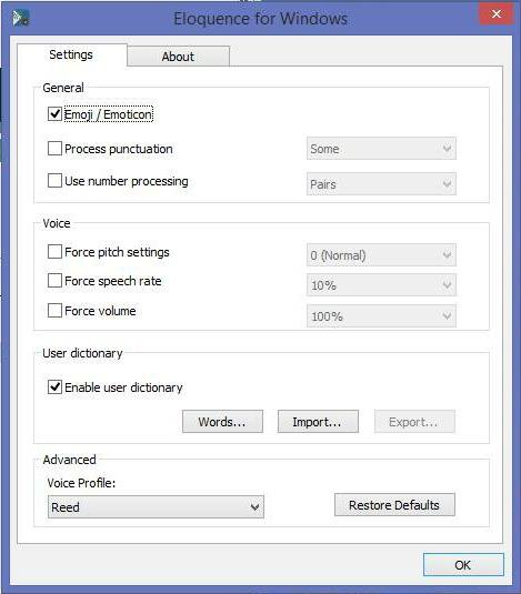 Screenshot of Eloquence for Windows settings panel.
