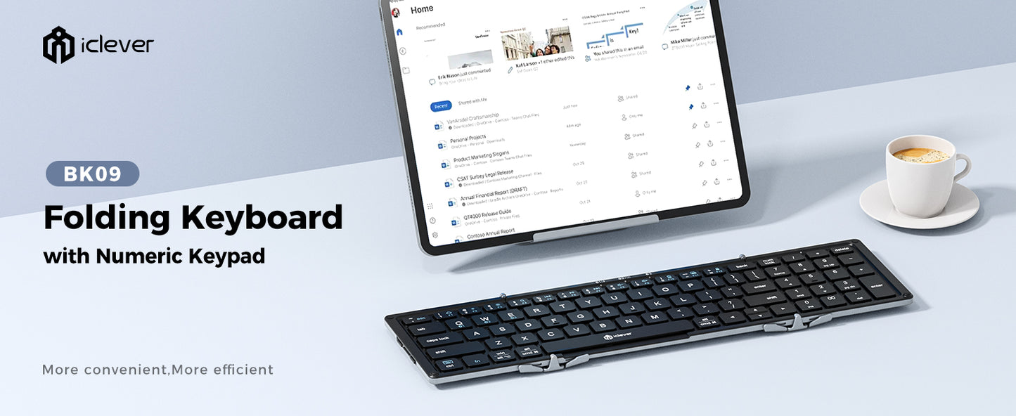 An angled top-down view of the iClever BK09 Bluetooth Folding Keyboard. The keyboard is folded open, showing its full QWERTY layout with a dedicated numeric keypad on the right side.