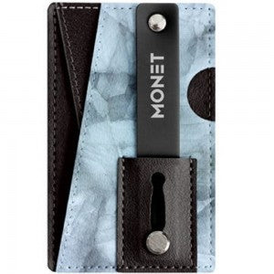 A rectangular phone wallet accessory with an elegant blue marble pattern featuring gray veining throughout.