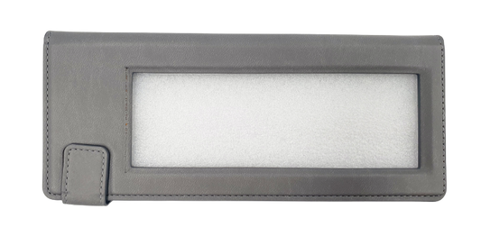 A gray-colored Versa Slate Protective Magnetic case, the contents inside visible through its viewing window. There is a small flap on the lower left corner for secure closure.