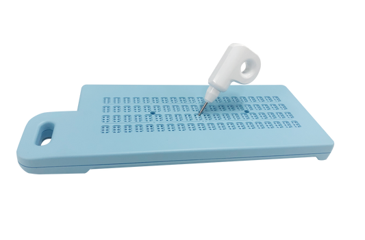 A light blue Versa Slate Paperless. Its white magnetic stylus with a looped handle is positioned on the slate, pointing downward.