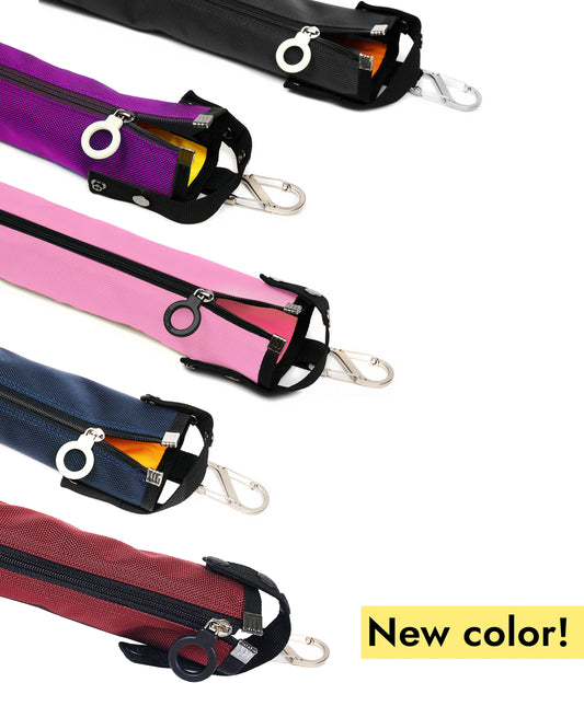 5 Colored cane pouches with ring zippers and a carabiner attached to the top: Black, purple, pink, navy, burgundy